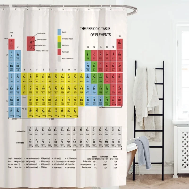 Periodic Table of Elements Shower Curtain Chemistry Educational Shower Curtain for Bathroom, Students Classroom with Hooks