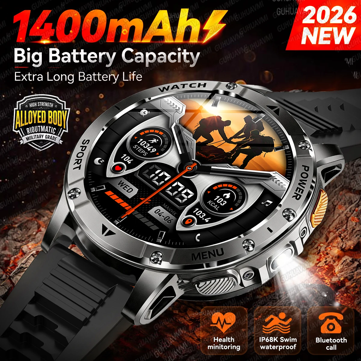 Newly Military 1400mAh Sports Tracker SmartWatch Men Strong Flashlight 1.7