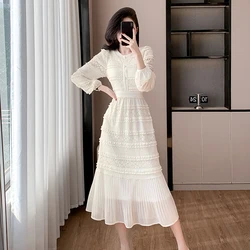 Fashion French Autumn Lace Ruffles Patchwork Chiffon Cake Pleated Dress New Women O Neck Puff Sleeve Ladies Slim Midi Clothes