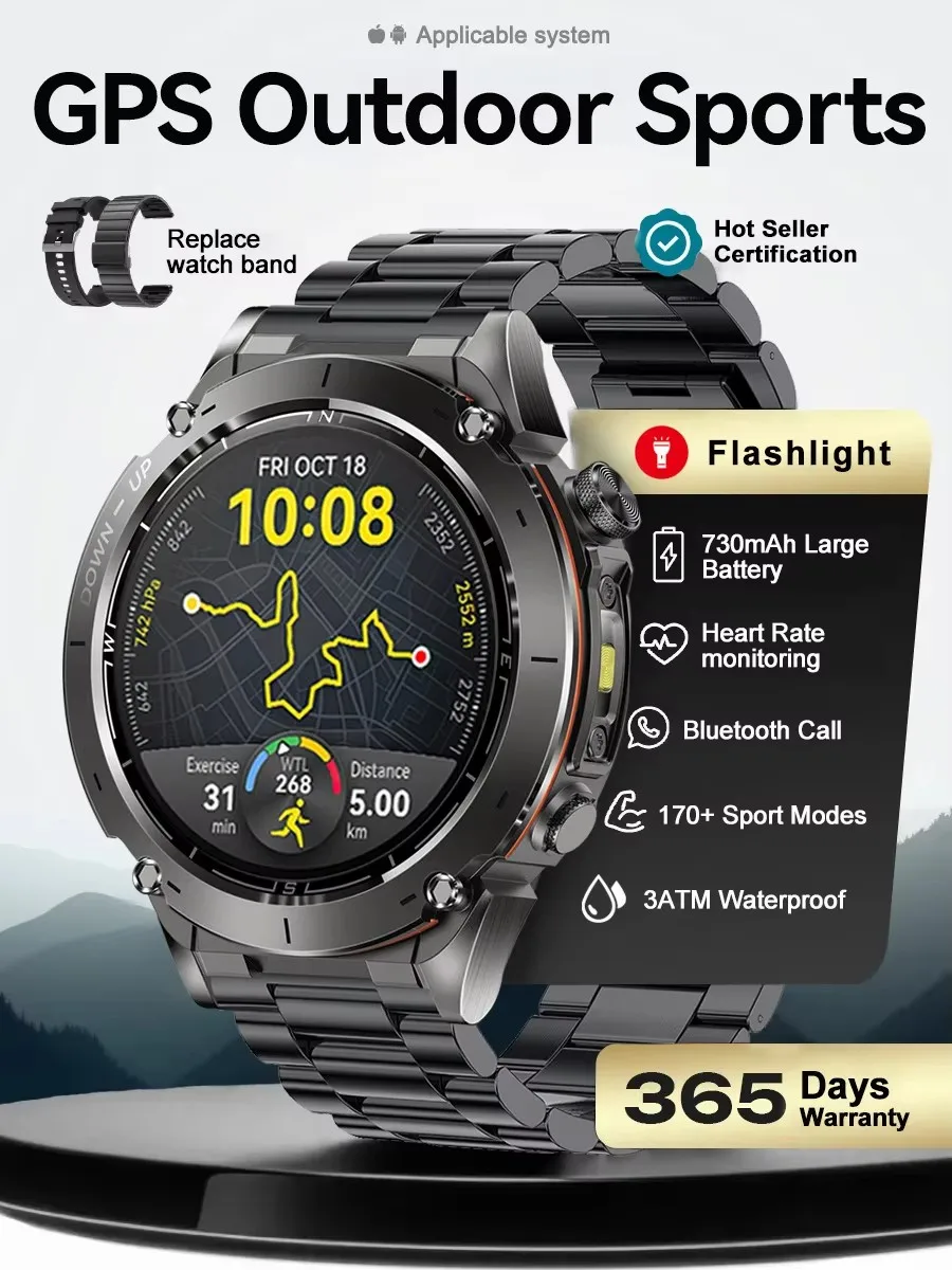 Nouvelle Montre Connectée Militaire GPS 2026 pour Hommes, Compatible Android et iOS, Étanche 10ATM, Batterie Haute Capacité 730mAh, Boussole, NFC,