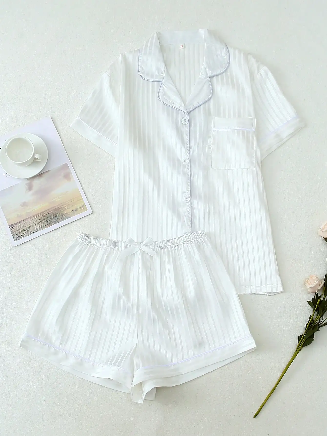 

Women's Satin Striped Short Sleeve Collar Top and Bow Shorts Pajama Set