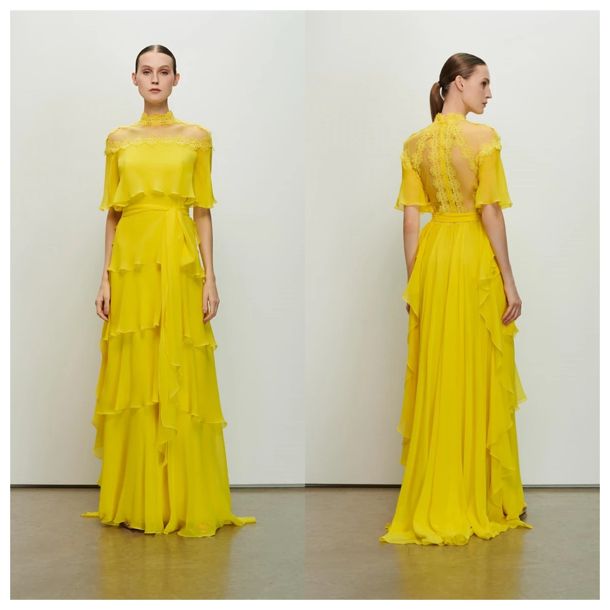 Moda personalizada amarelo chiffon vestido de noite gola alta mangas curtas vestidos de celebridades com zíper voltar vestido de festa moderno