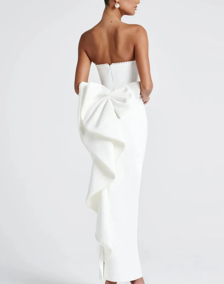 فستان أنيق للحفلات المسائية باللون الأبيض بدون حمالات بفيونكة من الخلف من الساتان غمد طول الكاحل للحفلات الراقصة فساتين رسمية مأدبة رداء السهرة