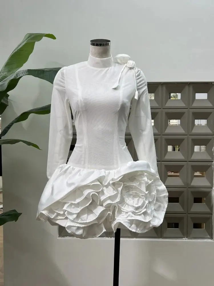 

Designer Spliced Appliques Solid Mini Dresses For Women Stand Collar Long Sleeve Elegant Bithday Gowns White Dress Vestido