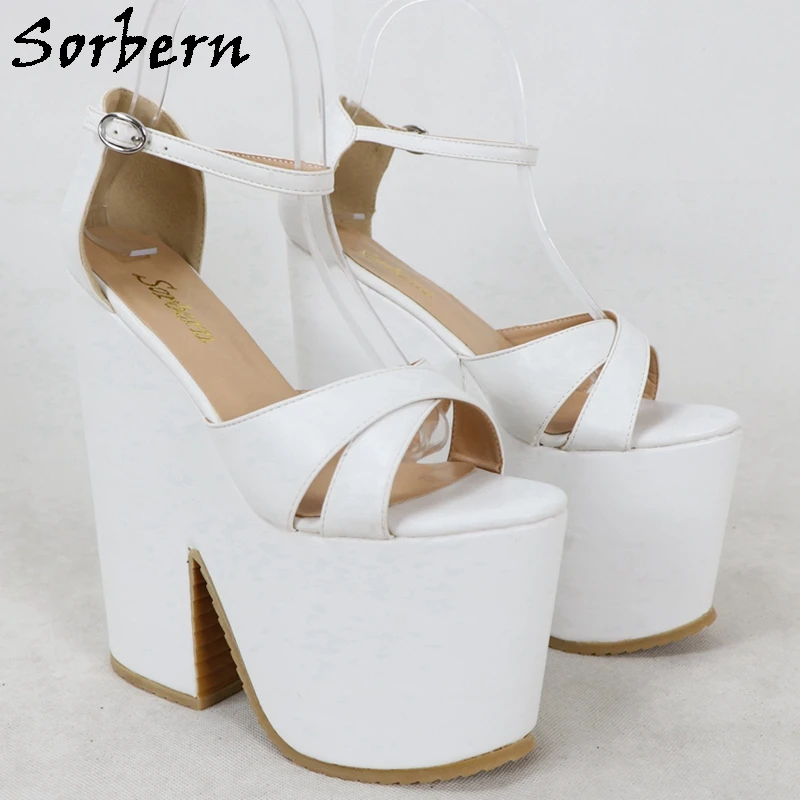 Sorbern White Matt Slingback Women Sandals Block High Heel Summer Shoes Ankle Strap Wide Cross Strap Female Shoes Custom