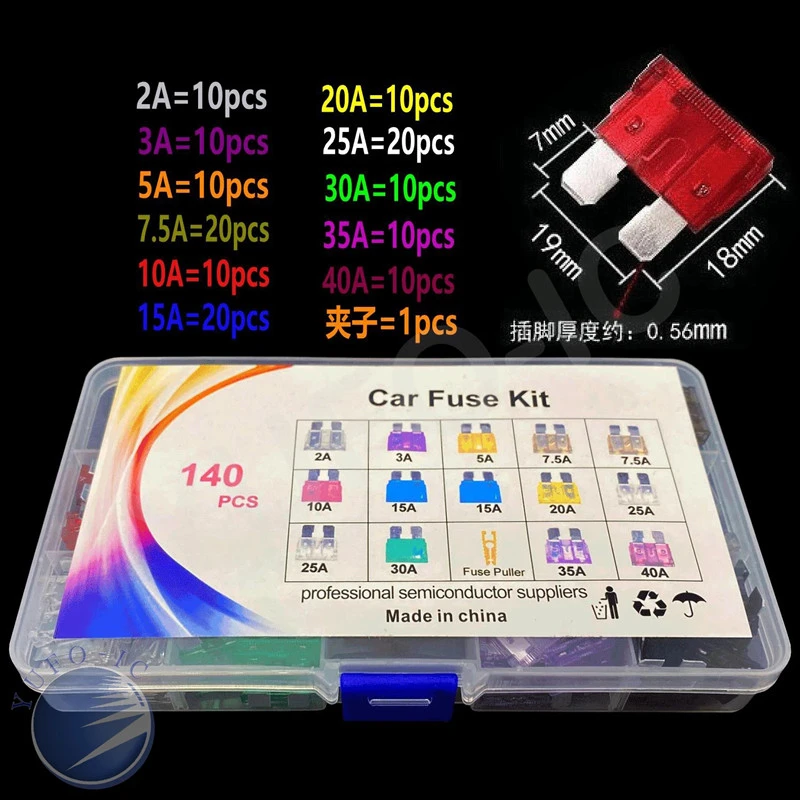 140 pieces medium size car fuse tube box 2A3A5A7.5A10A15A20A25A30A35A40A with clip