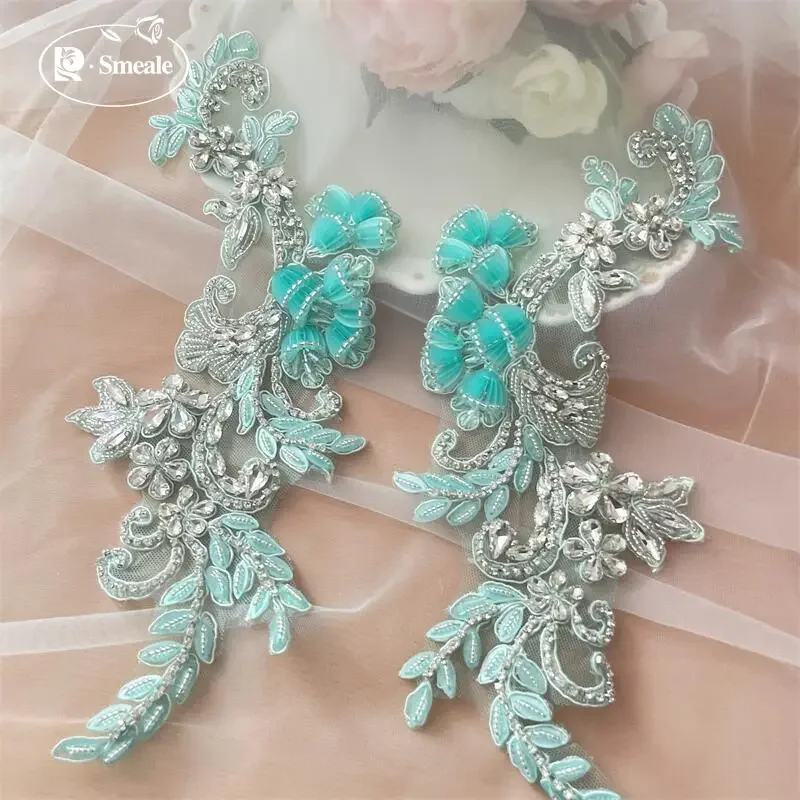 1 Paar mehrfarbige handgenähte Glasbohrer, Spiegelblumen, funkelnde Strassmäntel, Bündchen, Schultern, Hochzeitskleid, DIY-Patch