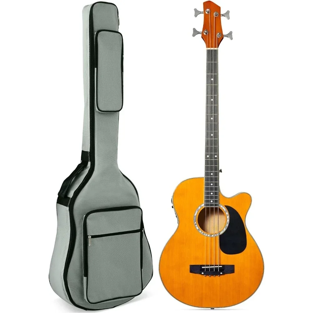 Acoustic Electric Bass Guitar, Full Size 4 String, Fretted Bass Guitar w/Padded Gig Bag - Aged Natural