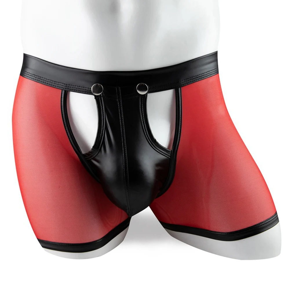 Low Waist Briefs Sexy Mens Underwear Man Clothing Patent Leather Polyester Red Sheer Mesh Pouch Low Waist Briefs