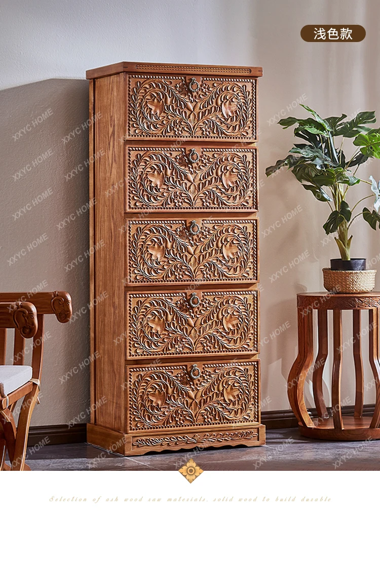 DF arrive solid wood carved vintage chest of drawers living room storage cabinet Southeast Asian style furniture vertical cabin