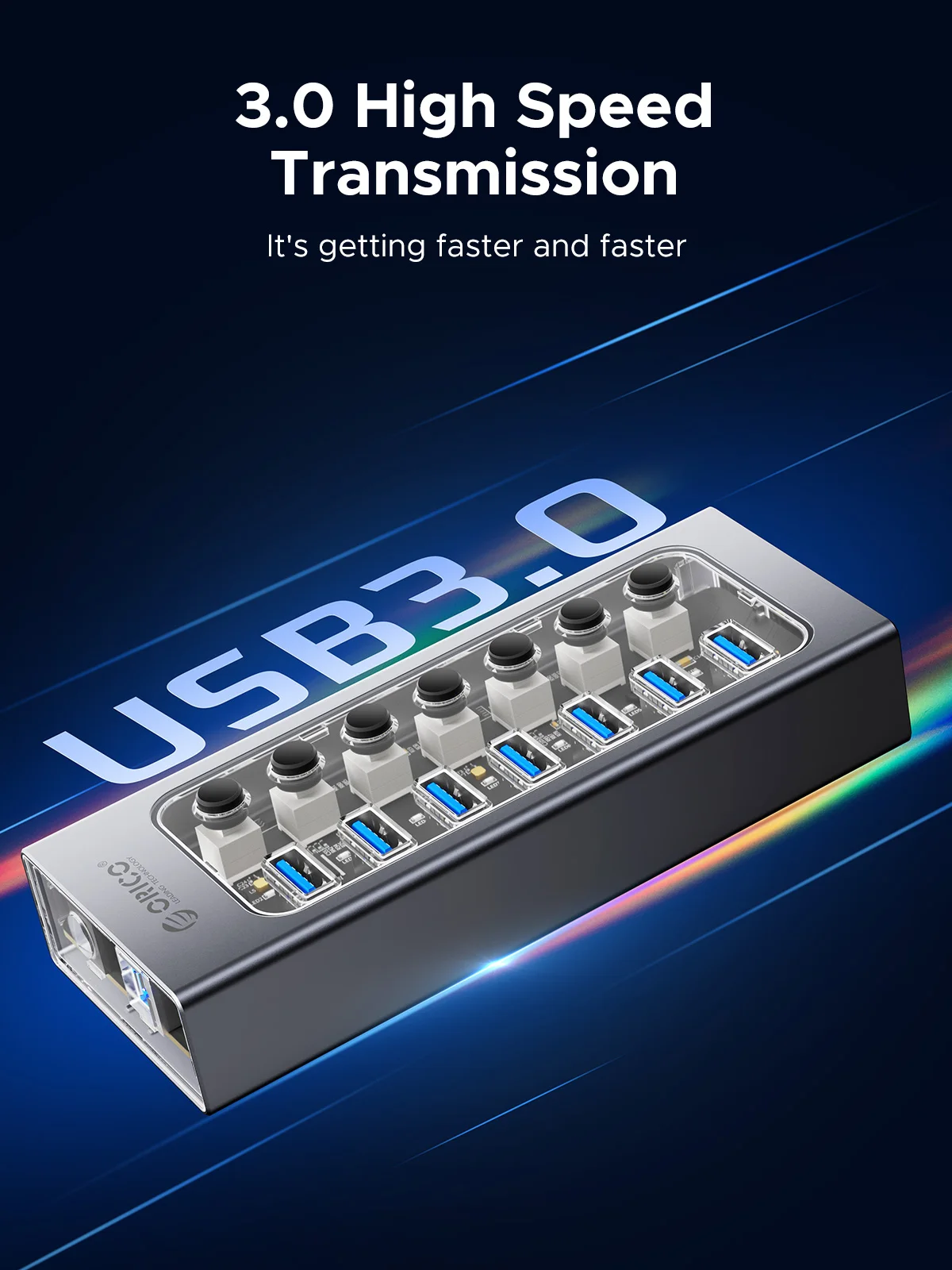 ORICO USB3.0 허브 맥북 휴대 전화 태블릿 용 12v 전원 어댑터가있는 알루미늄 산업용 7 포트 스플리터 스플리트 스위치