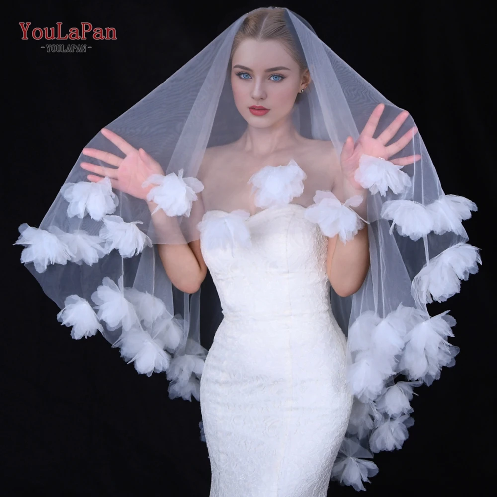 TOPQUEEN 3d Flowers Bridal Veils Cover Front and Back Wedding Veil 2 Layer First Communion Girls Veil for Bride V204