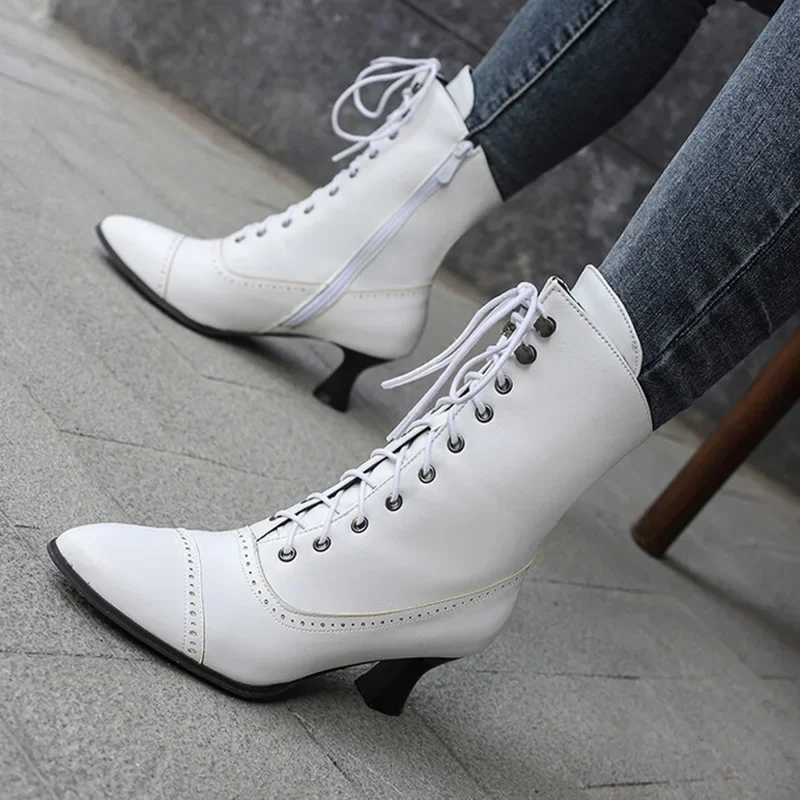 

2024 Hot New Lace-up European and American Short Leg Women's Boots Pointed Mid-heel Women's Boots Big Size 34-48 Women Shoes