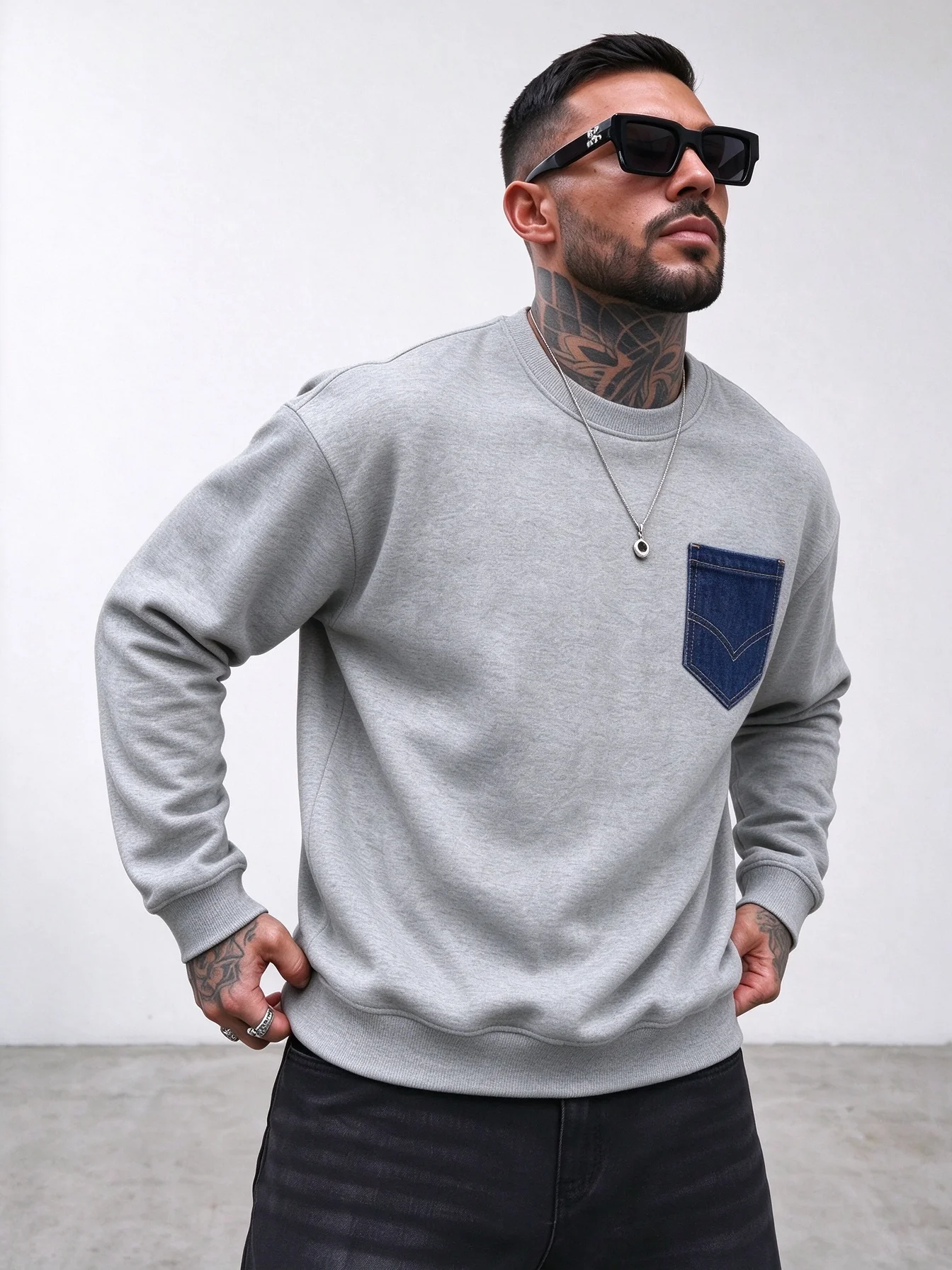 Men Crew Neck Sweatshirt Denim Patch Pocket Long Sleeve Pullover Casual Loose Fit Streetwear Solid Color Men's Sweat Tops