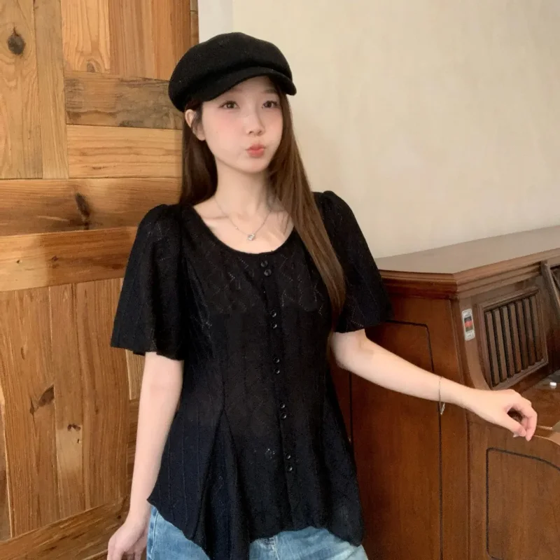 

Plus Size Women's Hollow Knit Blouse Summer Irregular Hem Short Sleeve Top