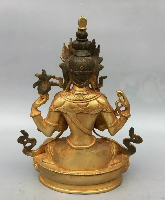 old temple Tibetan Buddhism bronze gilt Chenrezig Kwan-yin 4arms Tara statue