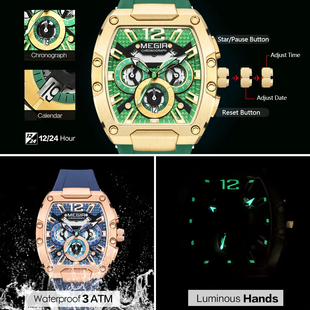 MEGIR Fashion Sport Quartz Watch for Men Waterproof Golden Green Silicone Strap Chronograph Wristwatch with Date Luminous Hands