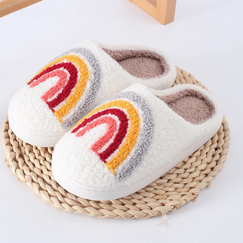 Regenbogen-Flauschige Hausschuhe für Damen, Modische Designer-Schuhe, Mädchen-Ballerinas, Herbst-Winter Indoor Flauschige Fell-Slides, Unisex Weiche Rutschfeste Pantoffeln