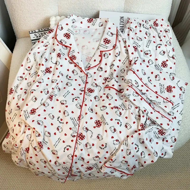 Sanurgente-Pyjama Hello Kitty pour Femme, Vêtements de Maison Confortables, Doux et Mignon, Imprimé Dessin Animé, Cadeau Kawaii Trempé, Printemps et Automne