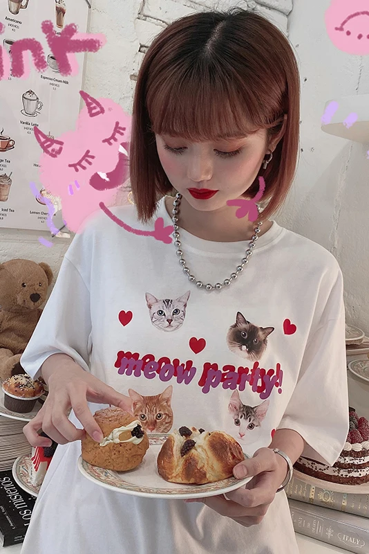 Summer T Shirt Women Female Shirt Cute Cat Graphic Crop Top Base O-neck White Kawaii Tees Ulzzang Funny Girl Tshirt Harajuku Y2k