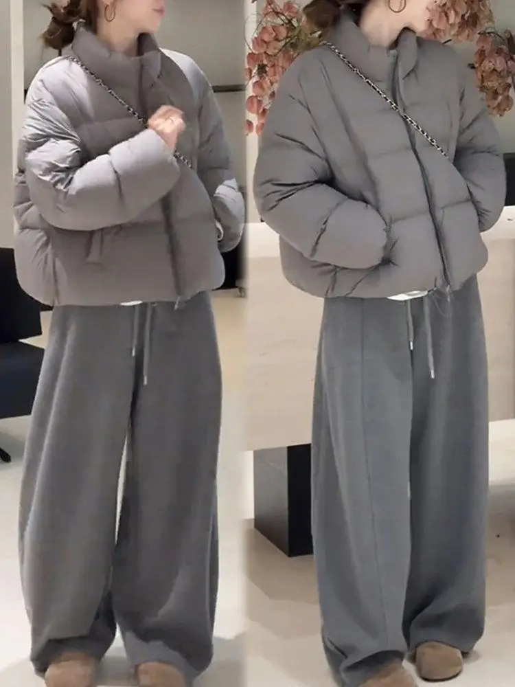 

ort Thiened Stand Collar Cotton Jaet Women's Casual Bread Sle Coat Korean Version Loose Fit Zipper Closure Winter Out...