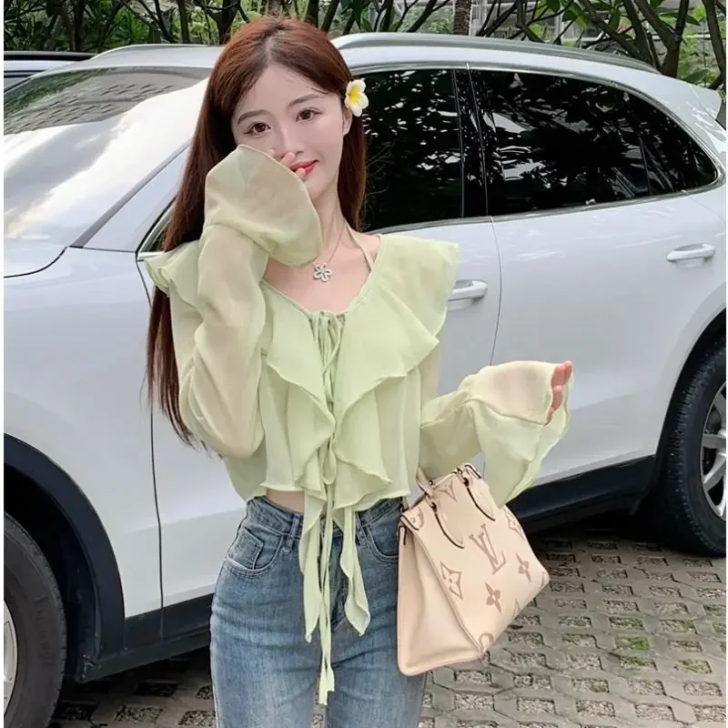 Blouses Women Elegant Lady Soft Ruffles Fairycore Chic Halter Aesthetic Lace-up French Style Gentle Popular Flare Sleeve Vintage