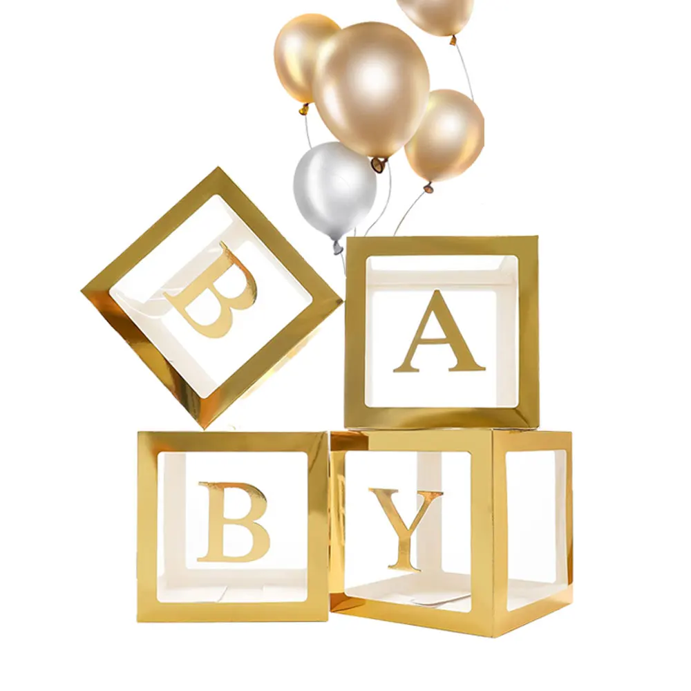 4 Clear Baby Block Party Decorations with Letters, Transparent Balloon Boxes for Gender Reveal Decorations and Party