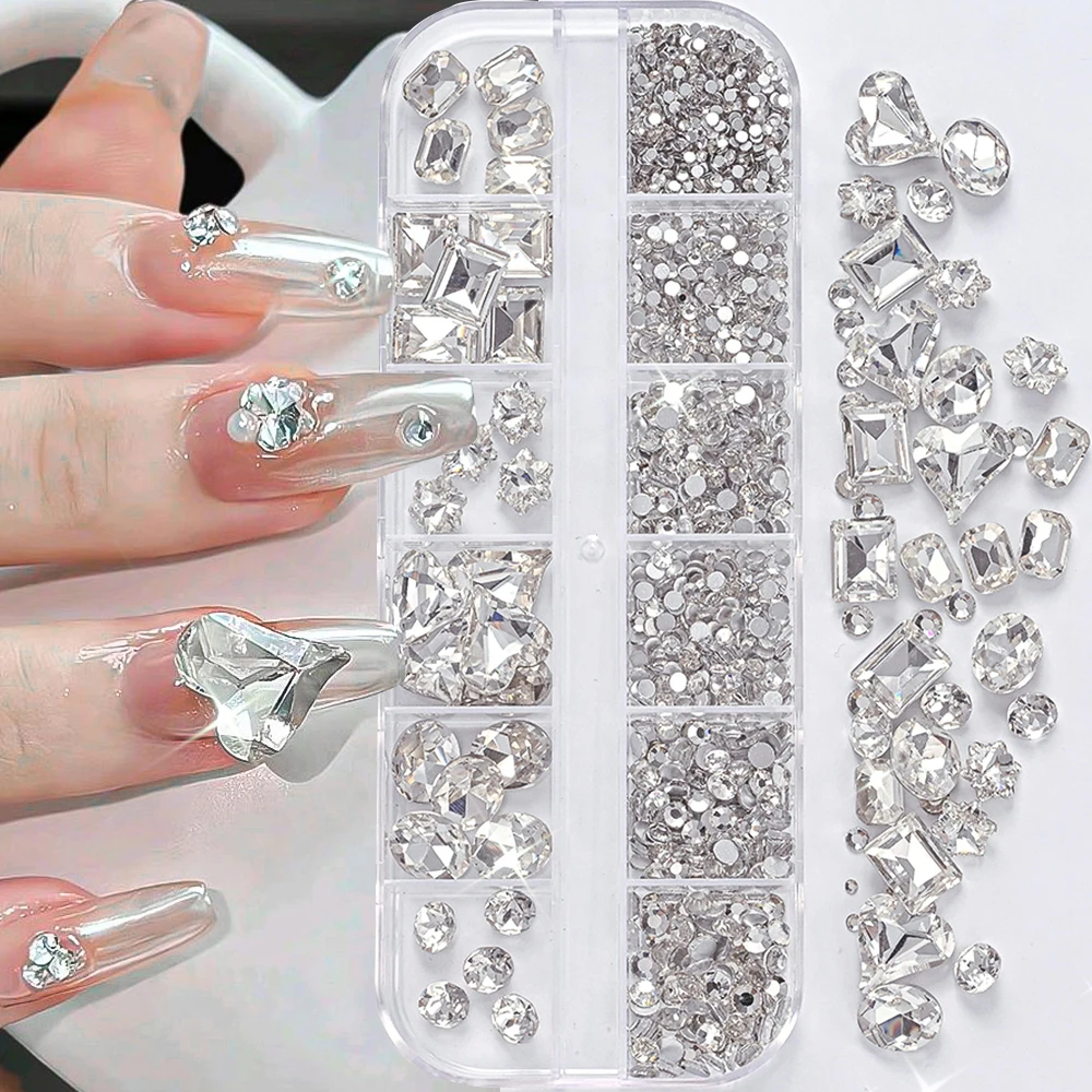 

12 Grids Transparent Heart Square Gems Nail Charms 3D Mixed Size Rhinestones Nail Jewelry Parts DIY Ornament Manicure Accessorie