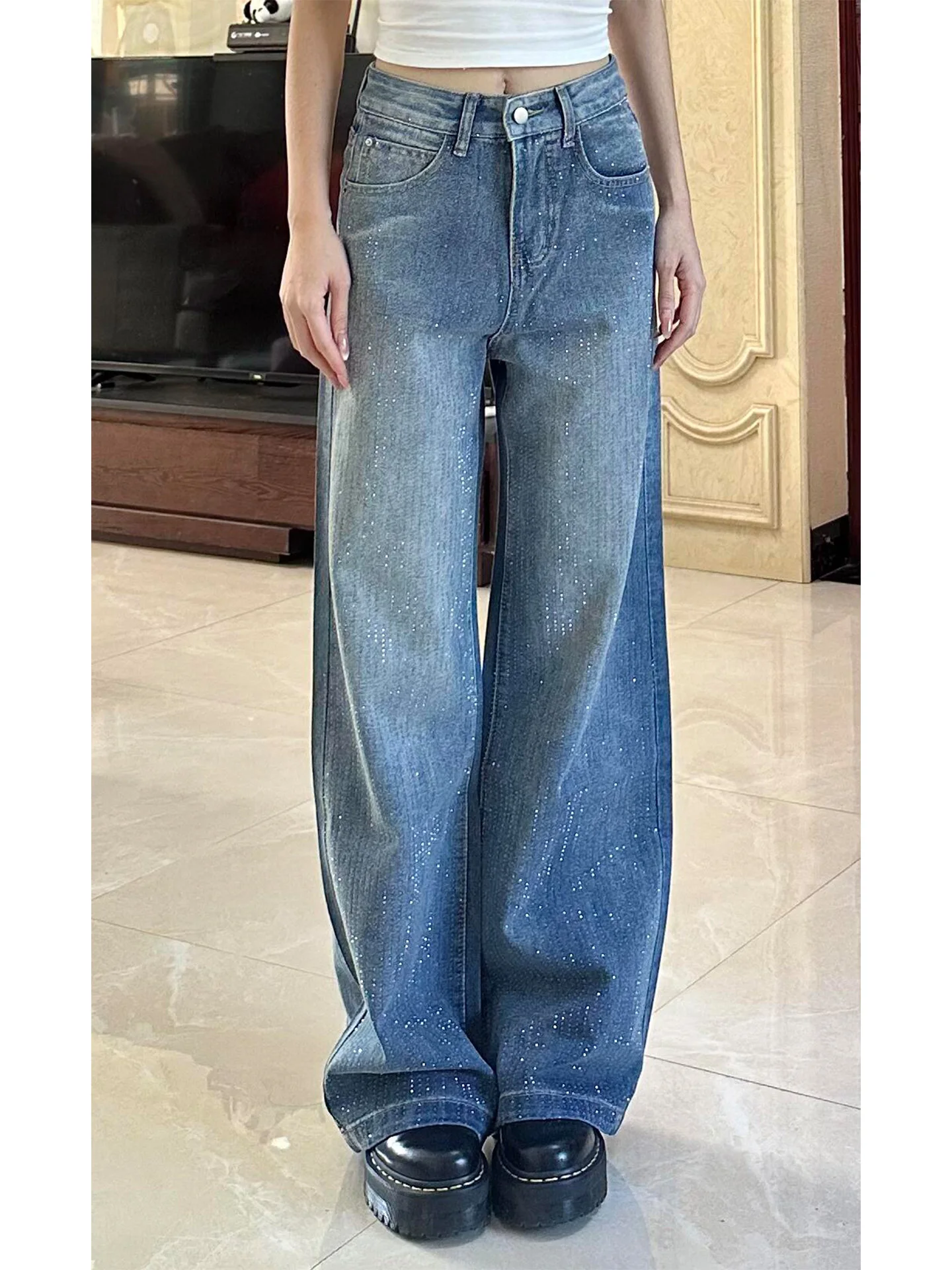 

Shiny Diamond Embedded Wide Leg Straight Cut Jeans Women's Retro American Style Flashing Summer New Casual High Waist Denim