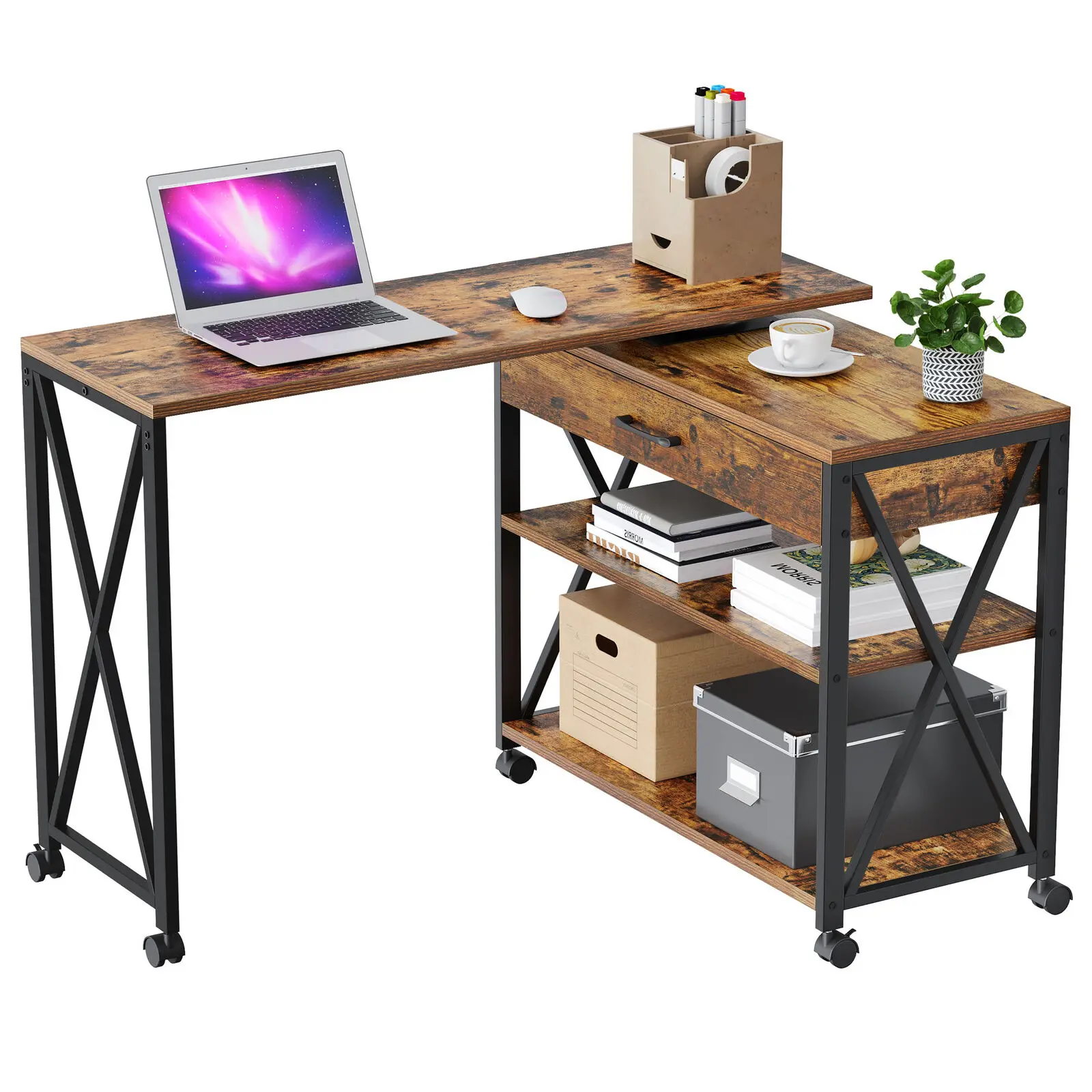 L Shaped 360 Rotatable Desk Corner Computer Laptop Table Workstation Side Table