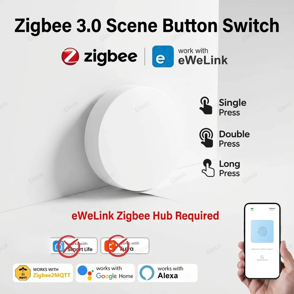 Zigbee-Tastenschalter für Szenensteuerung, Kabelloser Fernbedienungs-Smart-Home-Automatisierer, Ein-Tasten-Controller Kompatibel mit Ewelink, Alexa, Google, 2Mqtt