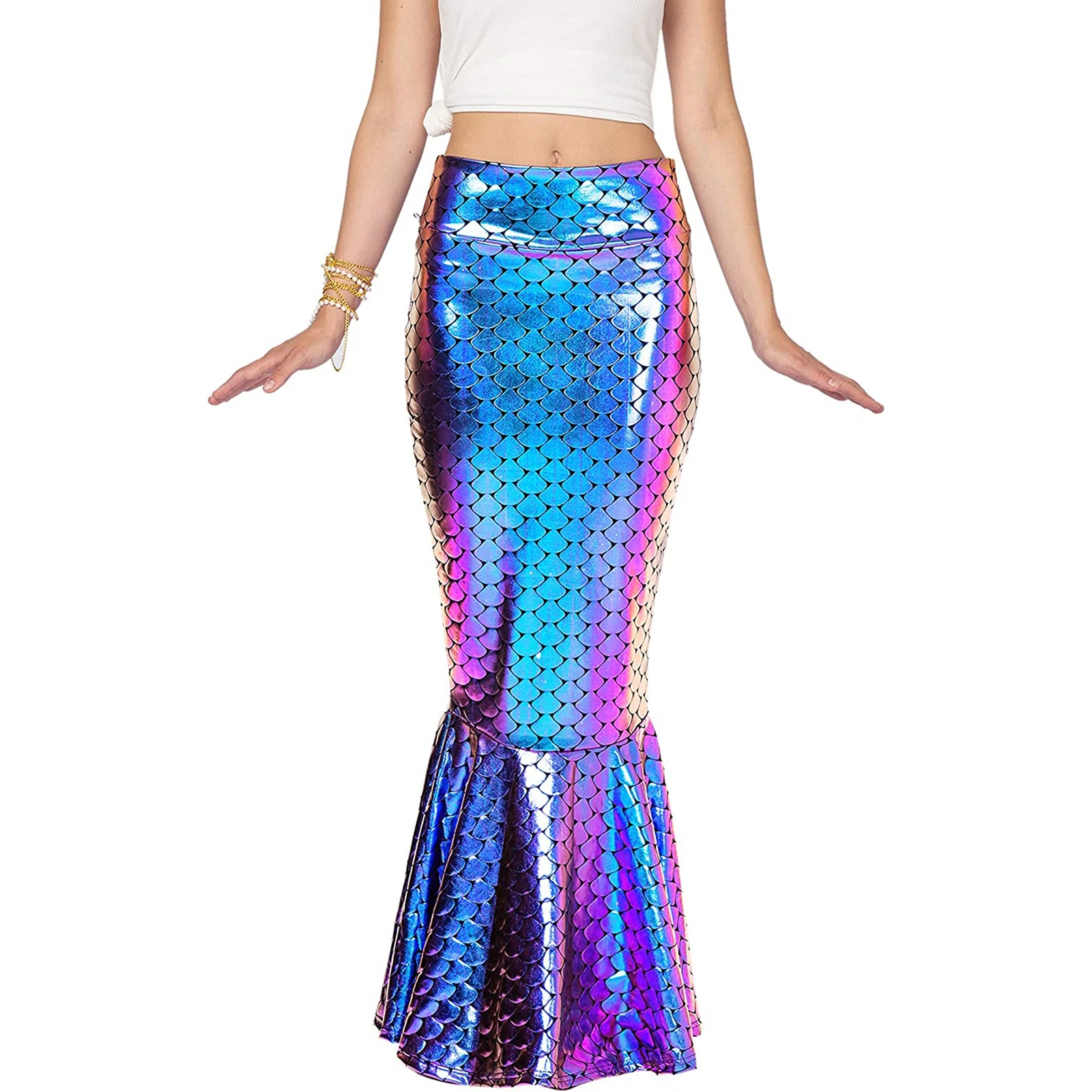 Women Long Mermaid Skirt Metallic Hologram Scale Print Slim Fit Skirt with Pearl Chain for  Cosplay Costume falda de fiesta