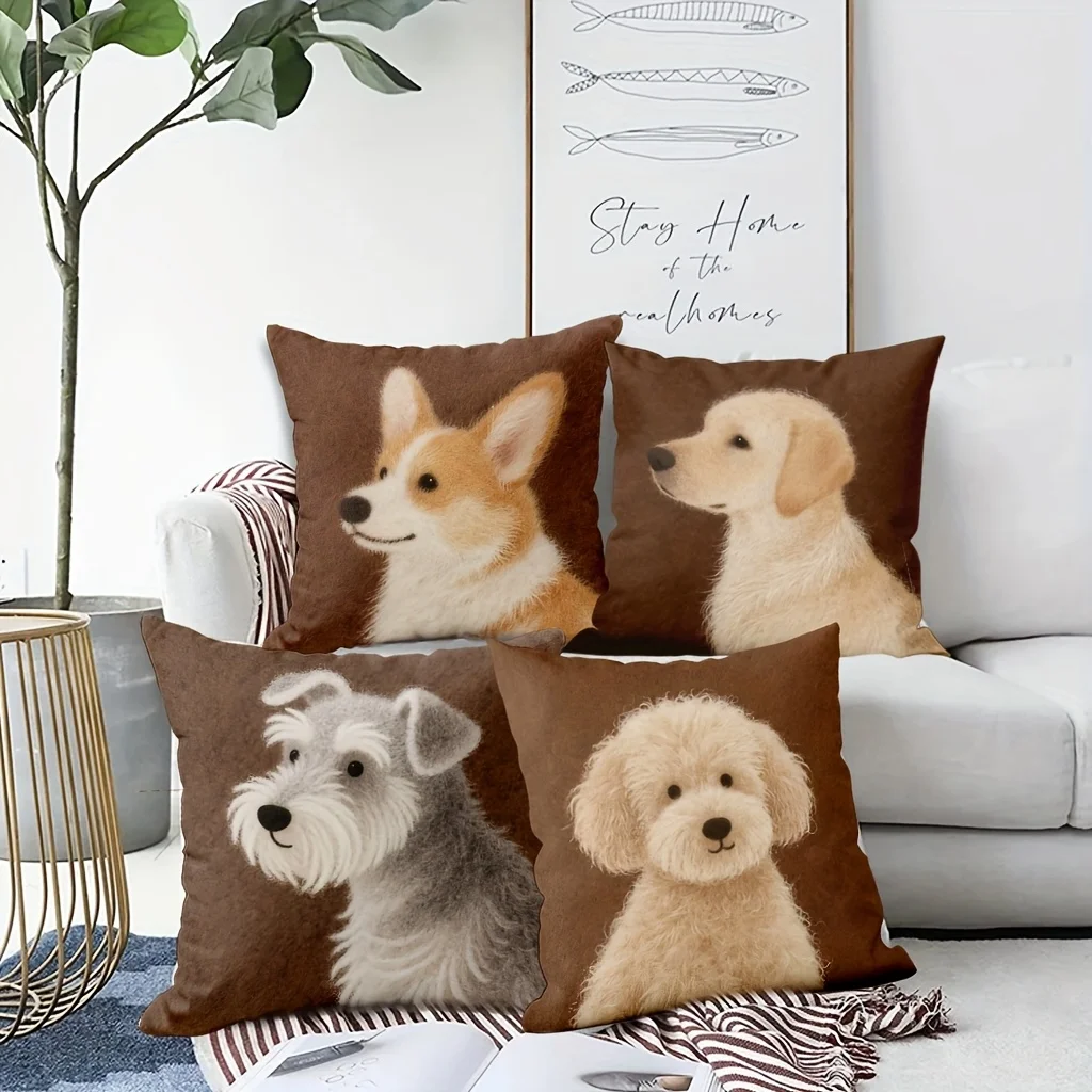 Set of Four Dog Portrait Throw Pillow Covers Featuring Cute Poodle, Terrier, Golden Retriever, and Shiba Inu Designs