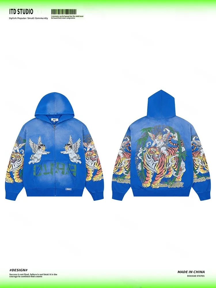 Duaa Series Heavyweight Embroidered Print Rhinestone Washed Zipper Hoodie High Street Trendy Brand Jacket Loose Fit Long Sleeve