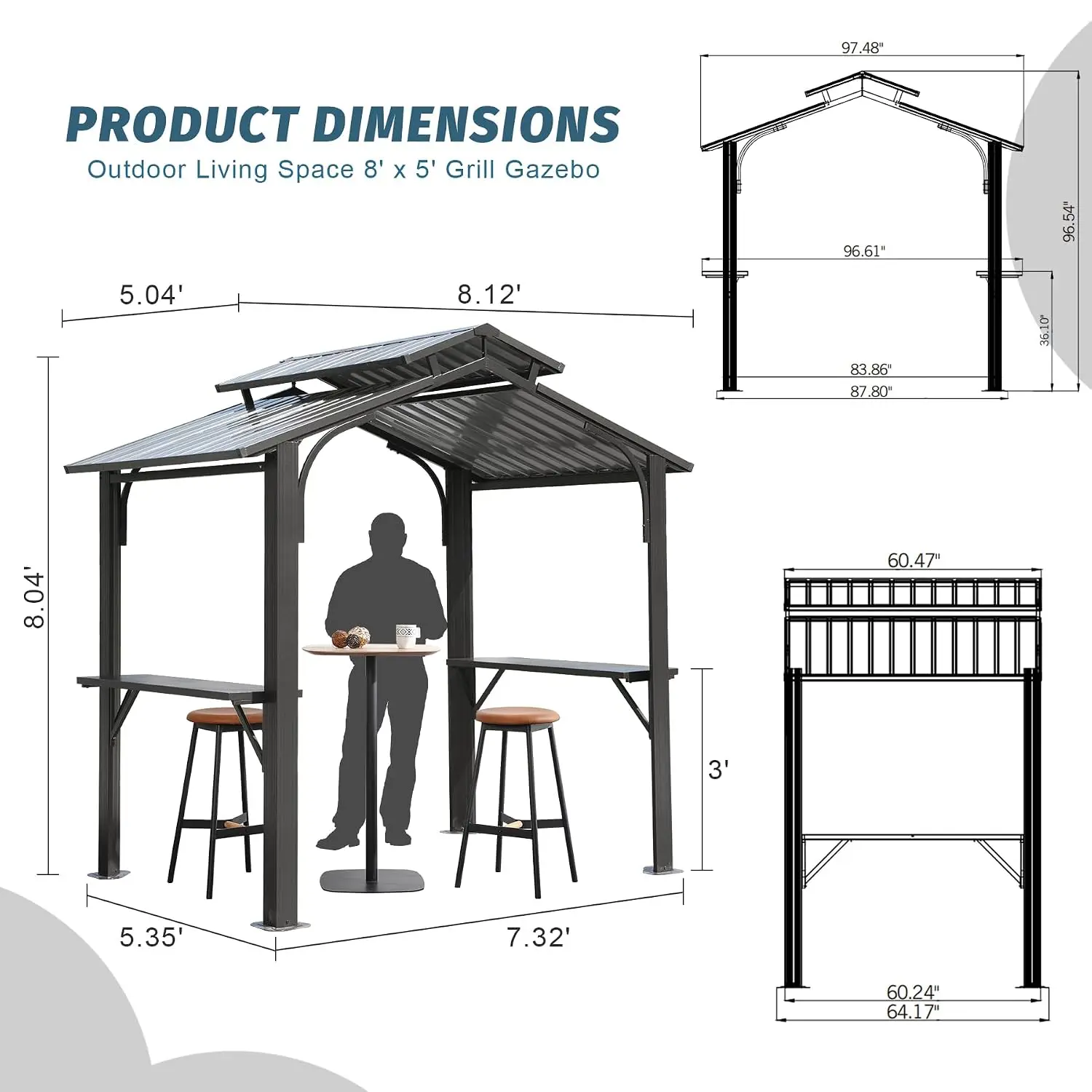 8x5 Hardtop Grill Gazebo All-Weather BBQ Shelter 3.94in Post Double Galvanized Steel Roof 2 Shelves Ceiling Hooks, Customized