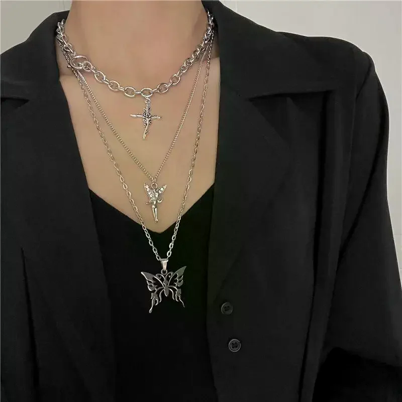 Multi Layered Punk Necklace for Women Silver Butterfly Cross 4 Chains Angel Pendants Y2K Streetwear Accessory