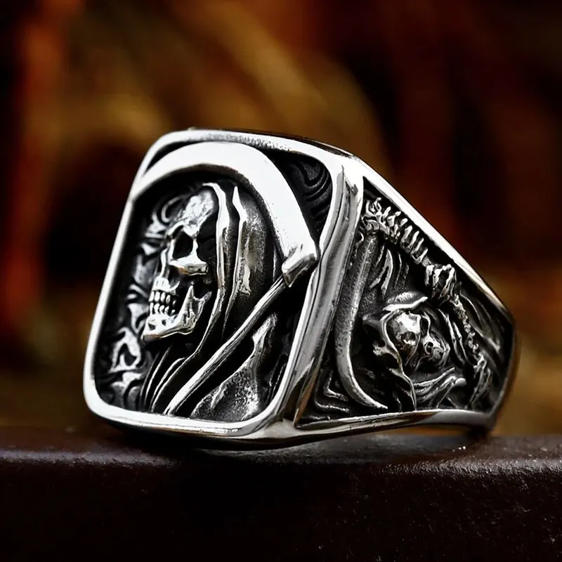 Vintage Mens 316L Stainless Steel Rings for Men Death Sickle Domineering Skull Ring Teens Hip-hop Punk Party Jewelry Gift