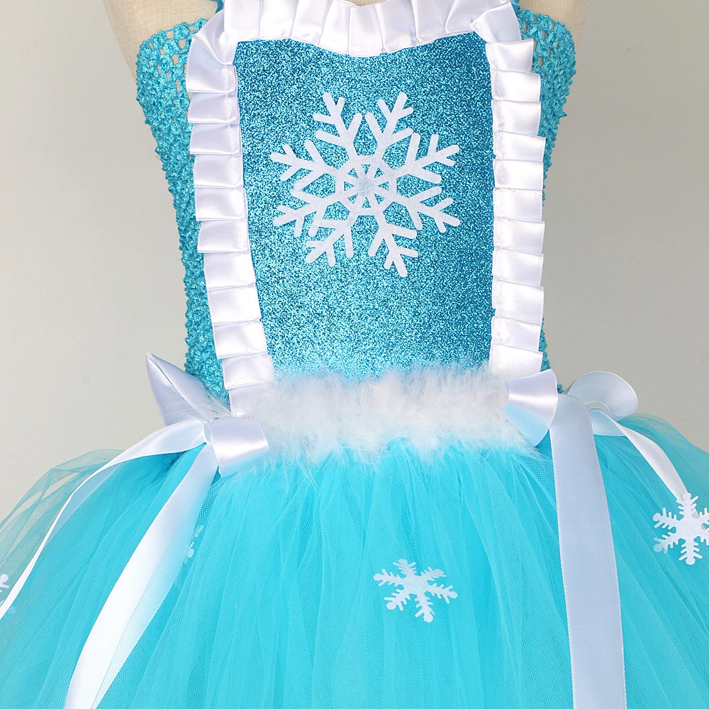 Skyblue Elsa Princess Dresses Girls Snow Queen Christmas Costumes Kids New Years Fancy Outfit Snowflakes Xmas Tutus with Crown