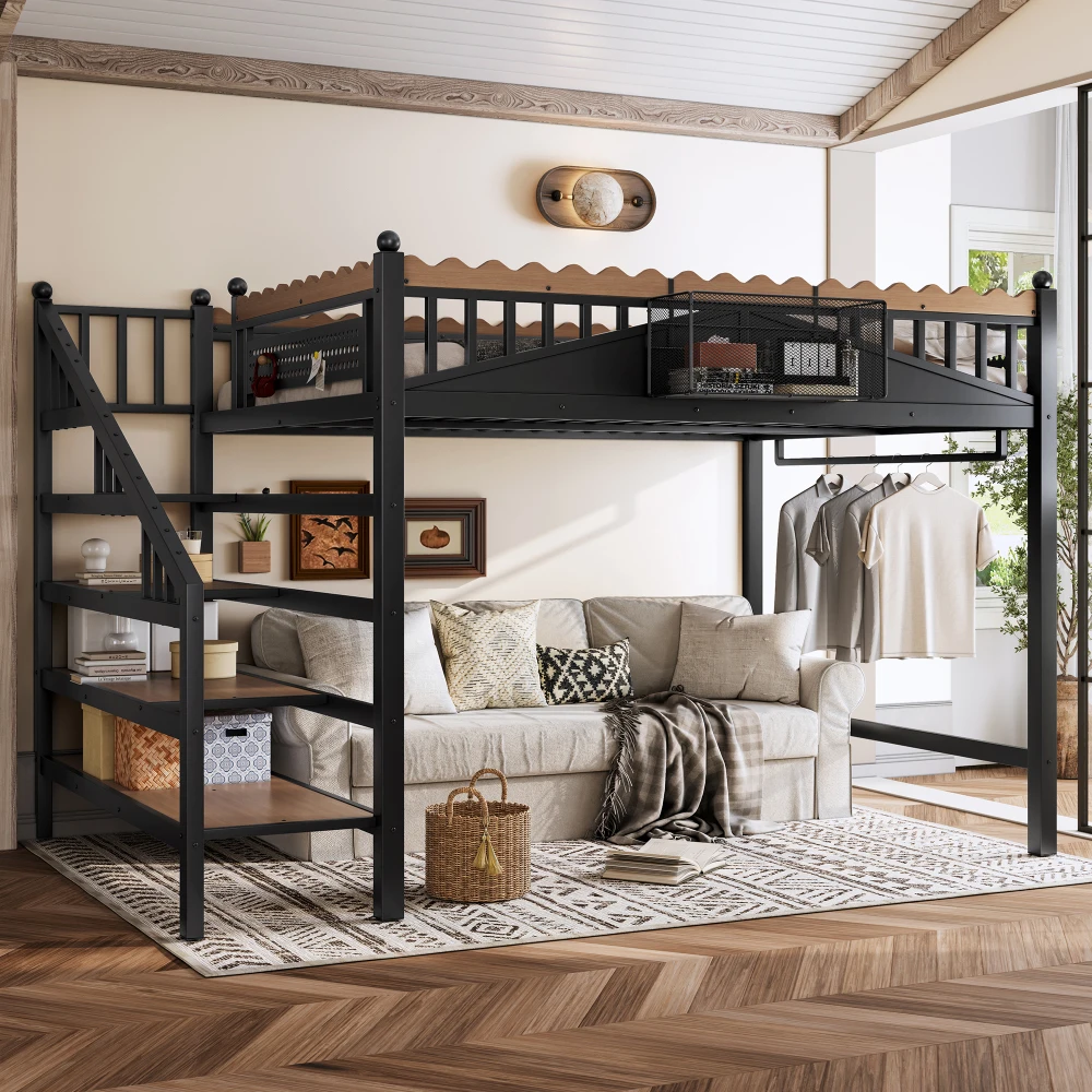 

Queen Size Metal Loft Bed: Storage Stairs, Shelves & Bookshelf for Home/Guest/Dorms, Black