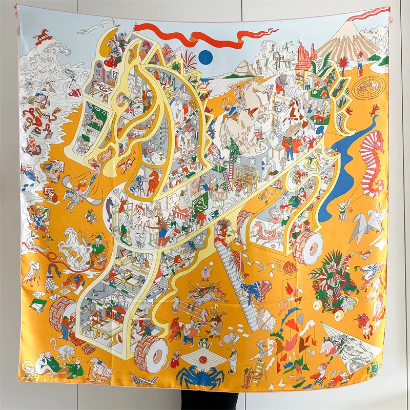 Silk Scarf 135CM Hand-Rolled Shawl Head Hair Bag Bandanas Large Shawls Summer Spring Accessories Gift Horse Print view 3