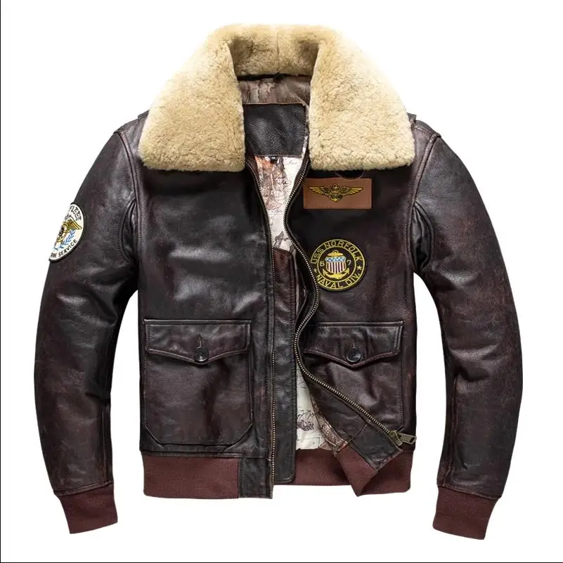 

Men's Fur Collar Genuine Top Layer Cow Leather Jacket Men Brown Cowhide Winter Military Jacket Air Force Flight Jacket