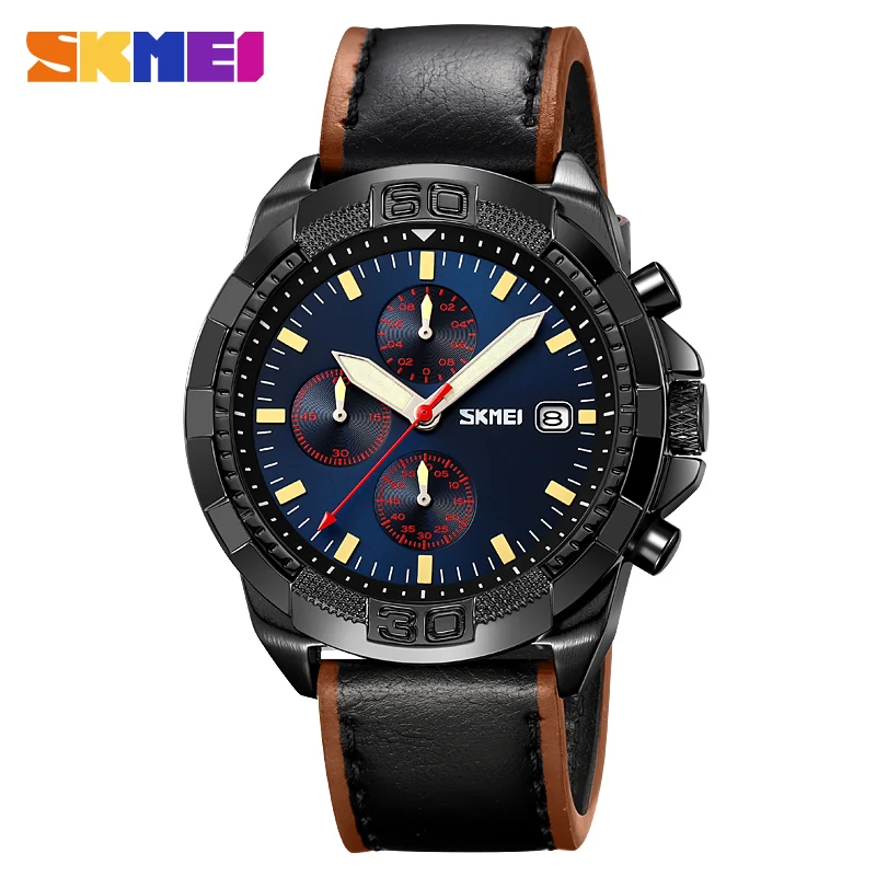 

SKMEI Fashion Stopwatch Quartz Movement Watch Mens Genuine Leather Strap 3Bar Waterproof Time Date Wristwatch Reloj Para Hombre