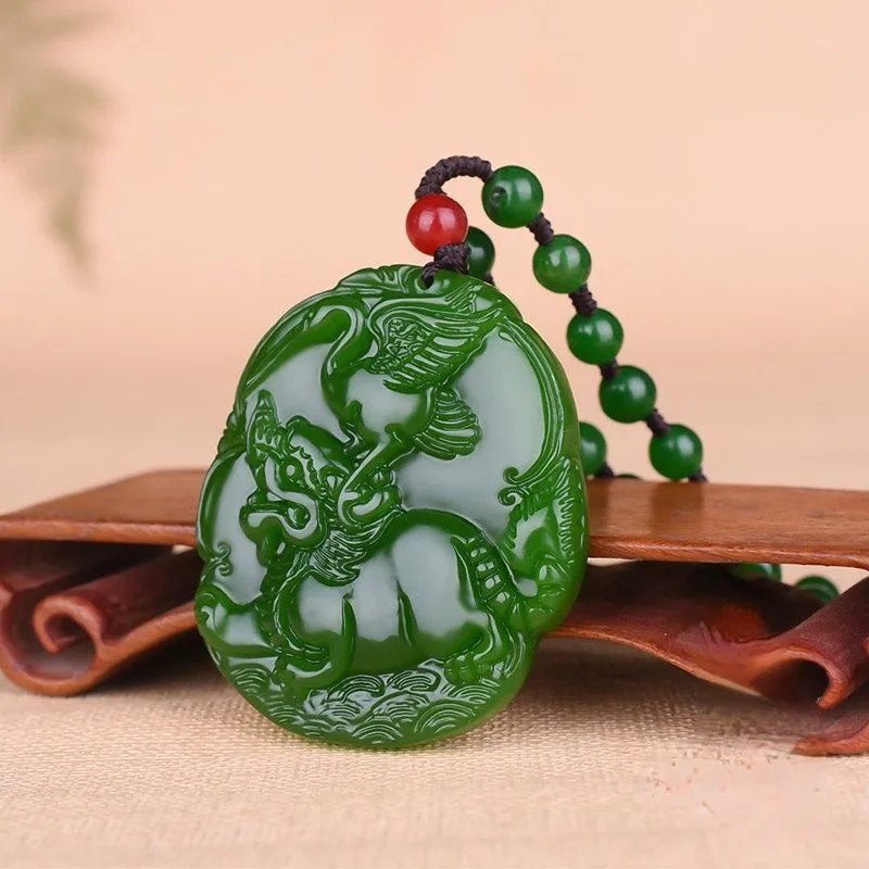 

Xinjiang Outer Mongolia Jade Kirin Crane Jade Pendant Spinach Green Men's and Women's Versatile