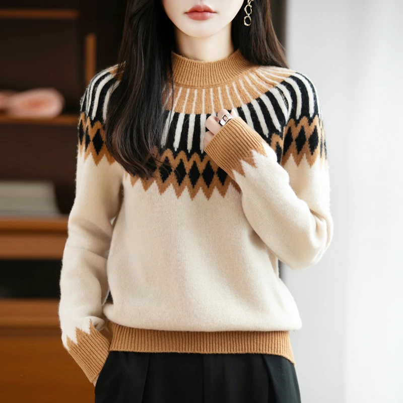 

Свитер из 100% мериносовой шерсти, женская одежда, пуловер с полувысоким воротником, осень/зима, новый вязаный свитер, модный жаккардовый топ в стиле ретро