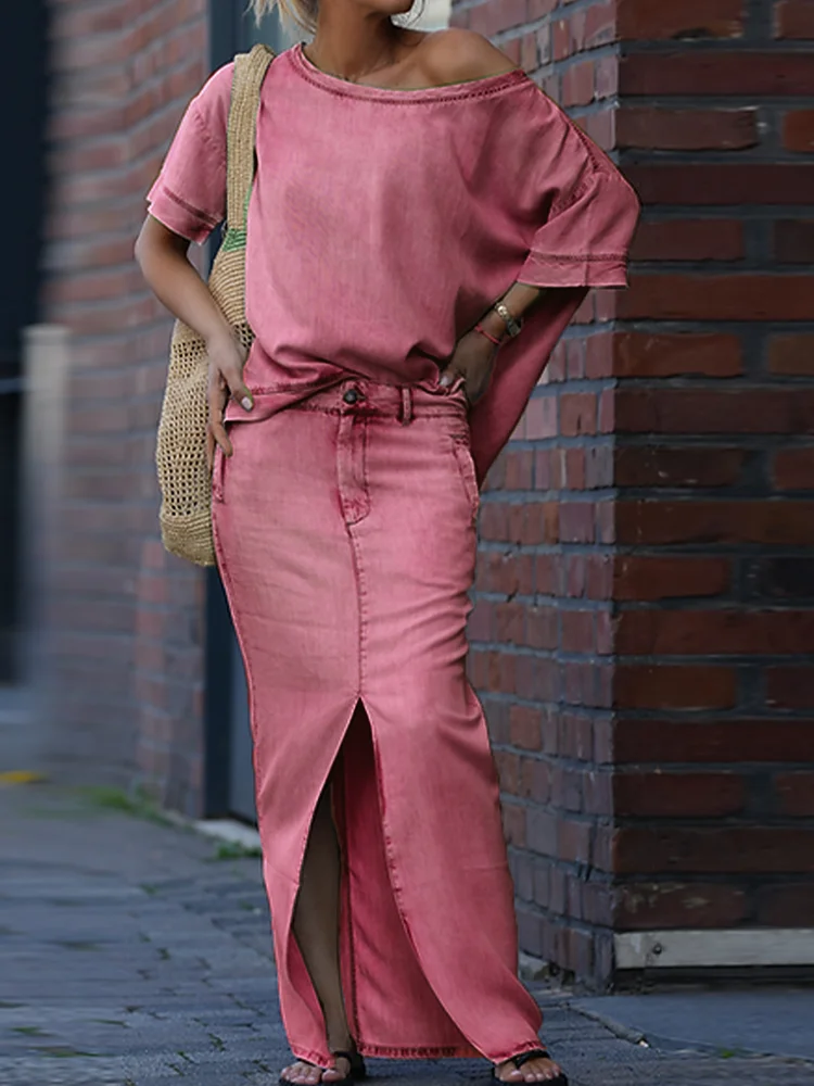 

Макси-юбки с косым воротником, комплекты из двух предметов, женский летний повседневный шикарный наряд в стиле пэчворк, однотонные элегантные женские костюмы с короткими рукавами 2025 года