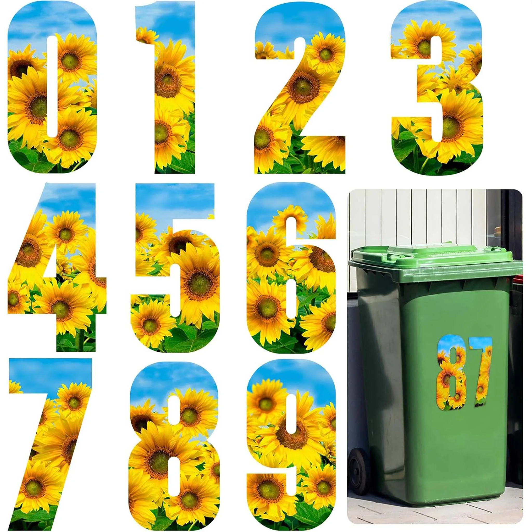 3pcs/sheet Sunflower Pattern Trash Bin Number Stickers Waterproof DIY Street Number for Dumpster Wall Locker Self-adhesive Decal