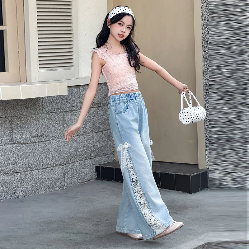 Summer Girls New Fashion Wide Leg Pants Kids with Side Lace Bow Loose Solid Color Loose Jeans Casual Teenager Trousers 5-14 Y