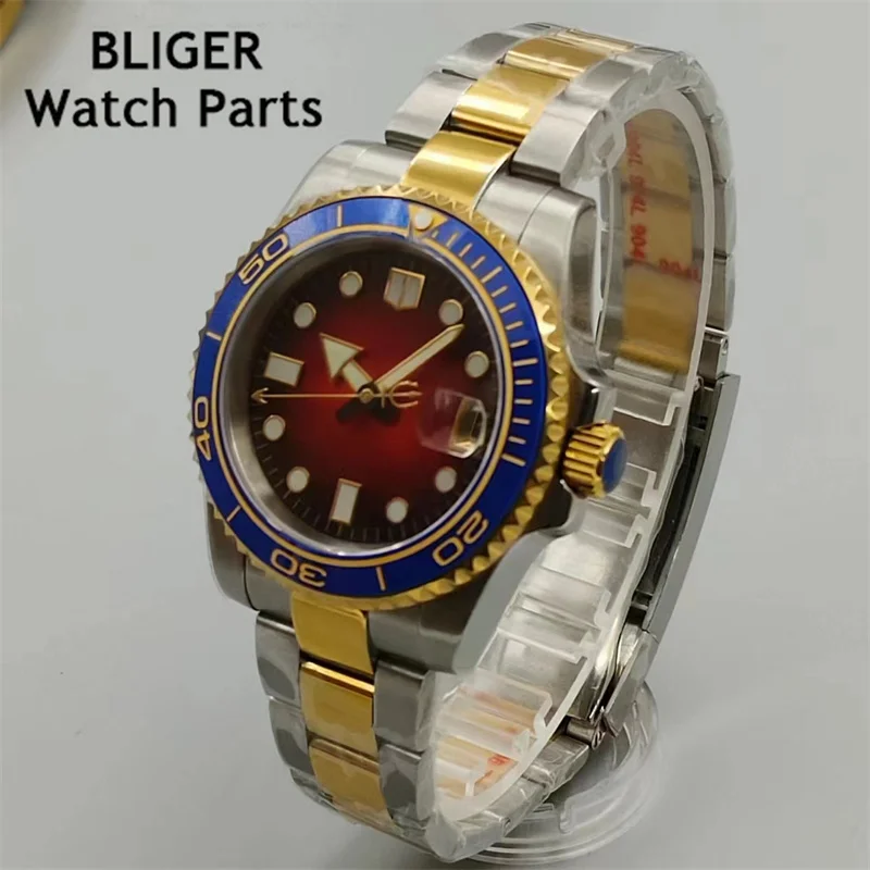 BLIGER 40mm goiden/silvery luminous Mechanical Men Watch Sapphire Glass NH35 Movement  Steel Bracelet Ceramic Bezel