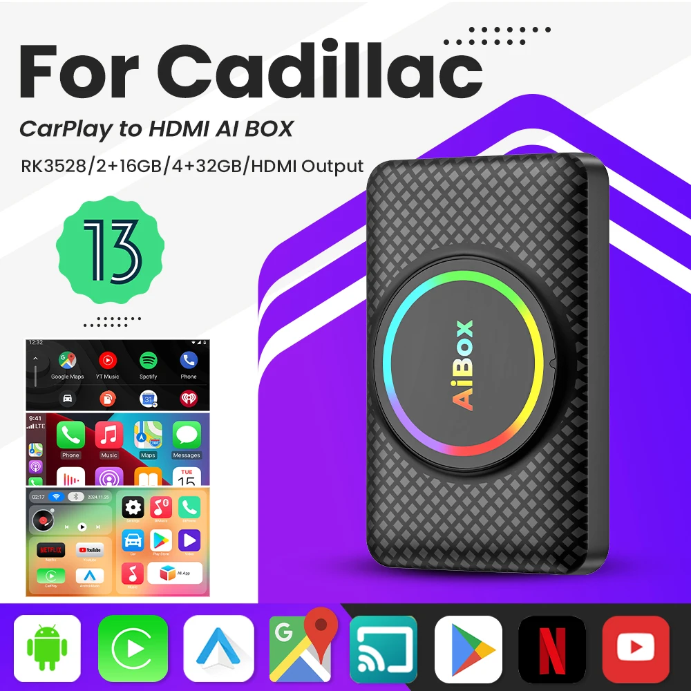 Smart Ai Box Android 13 Wireless Android Auto CarPlay HDMI For Youtube Nexflit TV Box For Cadillac ELR ATS CTS CTS‑V CT6 XTS XT5