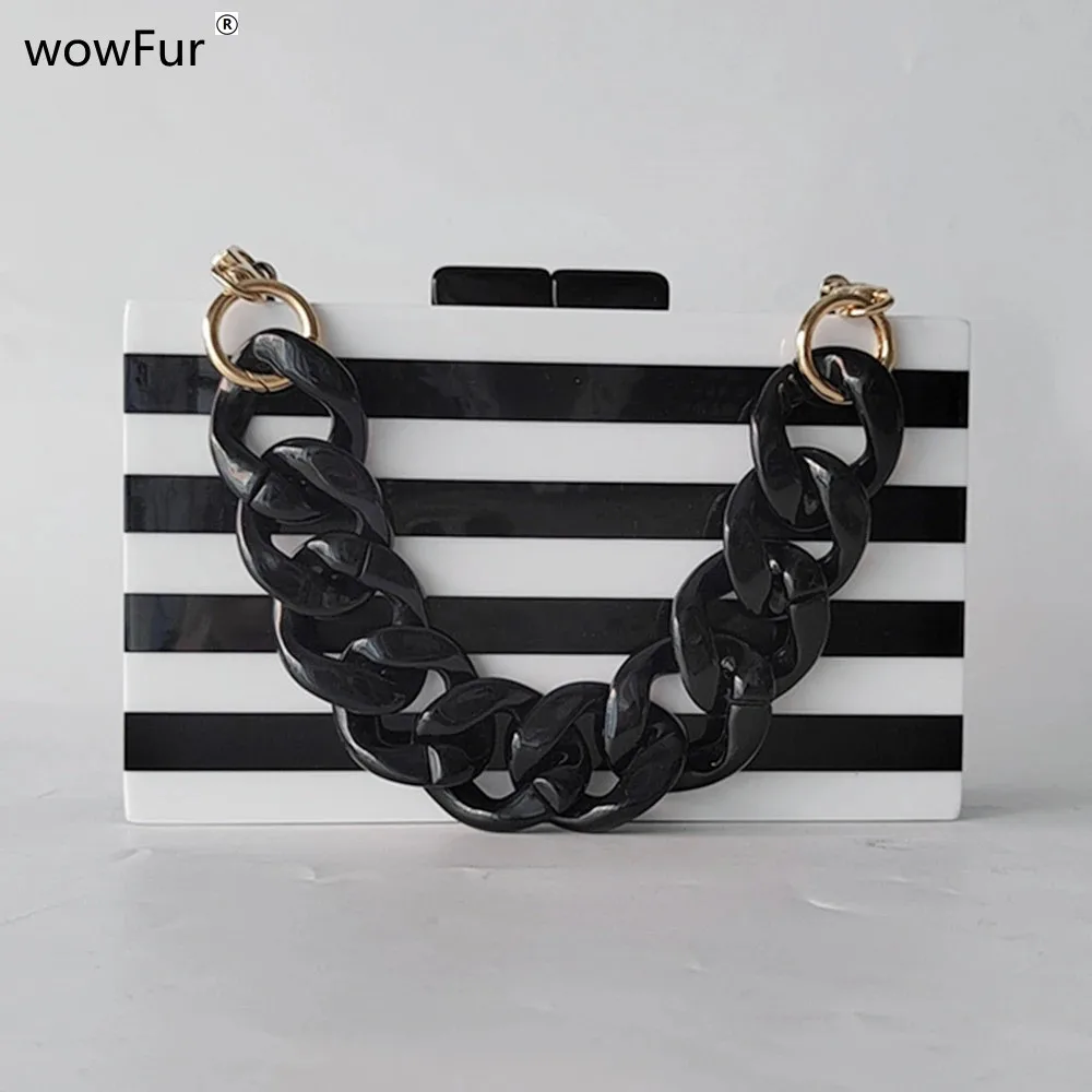 White Black Striped Silver Chain Brand Designer Luxury Acrylic Clutch Women Party Prom Evening Purse Handbags Casual Mini Bag